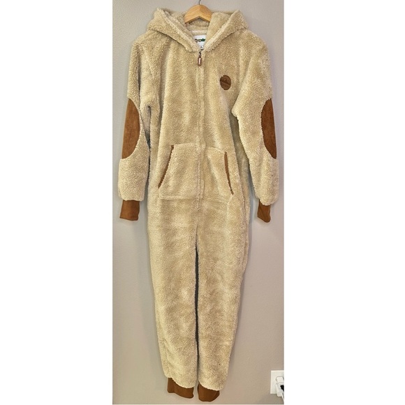 Tipsy Elves Tan Sherpa Hooded Cozy Jumpsuit - Picture 5 of 11